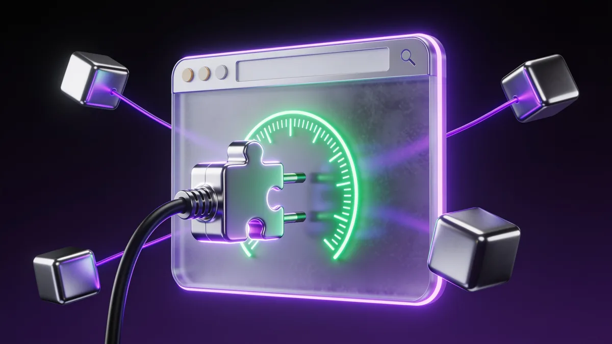 3D illustration of a glowing power-plug puzzle-piece plugin snapping into a browser window lighting