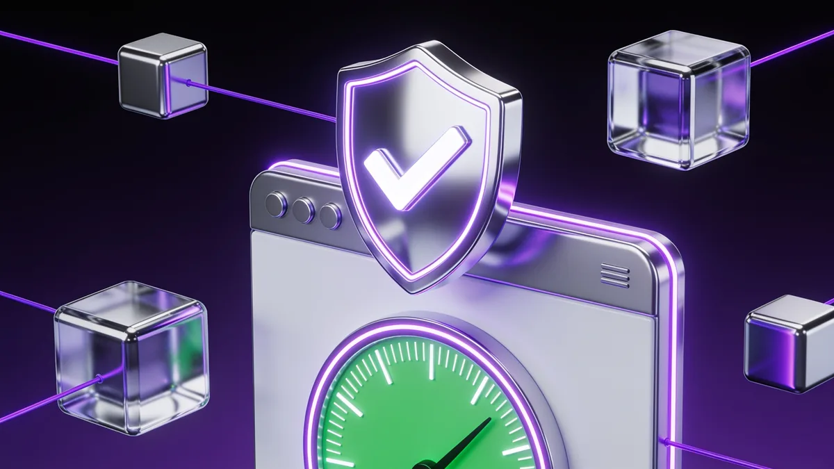 3D illustration of a premium chrome shield badge with a checkmark over a browser with a green speed