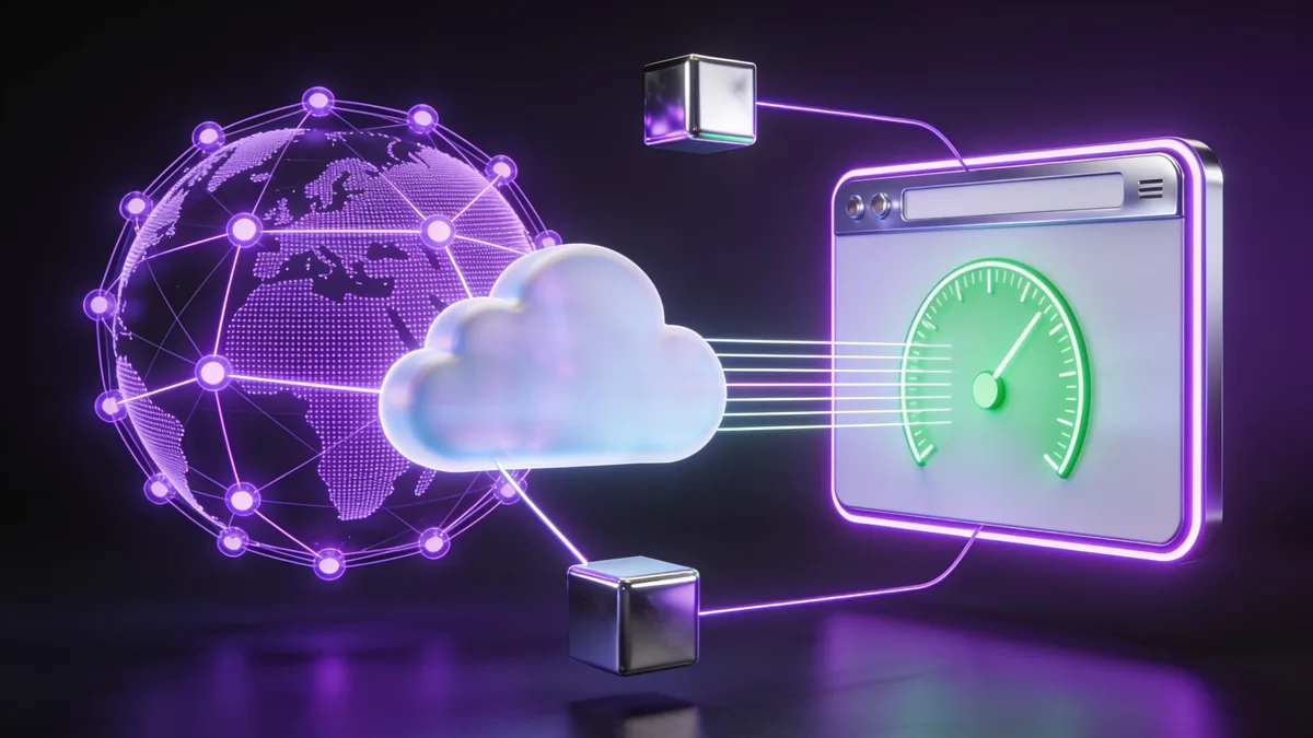 3D illustration of a glowing global network of purple edge nodes and a cloud delivering fast data