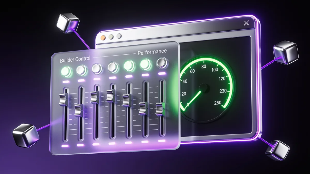 3D illustration of a Divi builder control panel with performance toggle switches and sliders beside