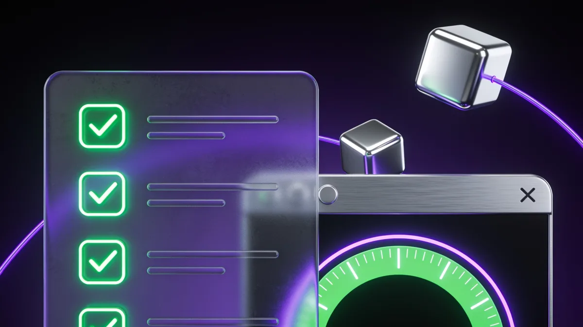 3D illustration of a checklist panel with green check marks beside a browser with a green speed