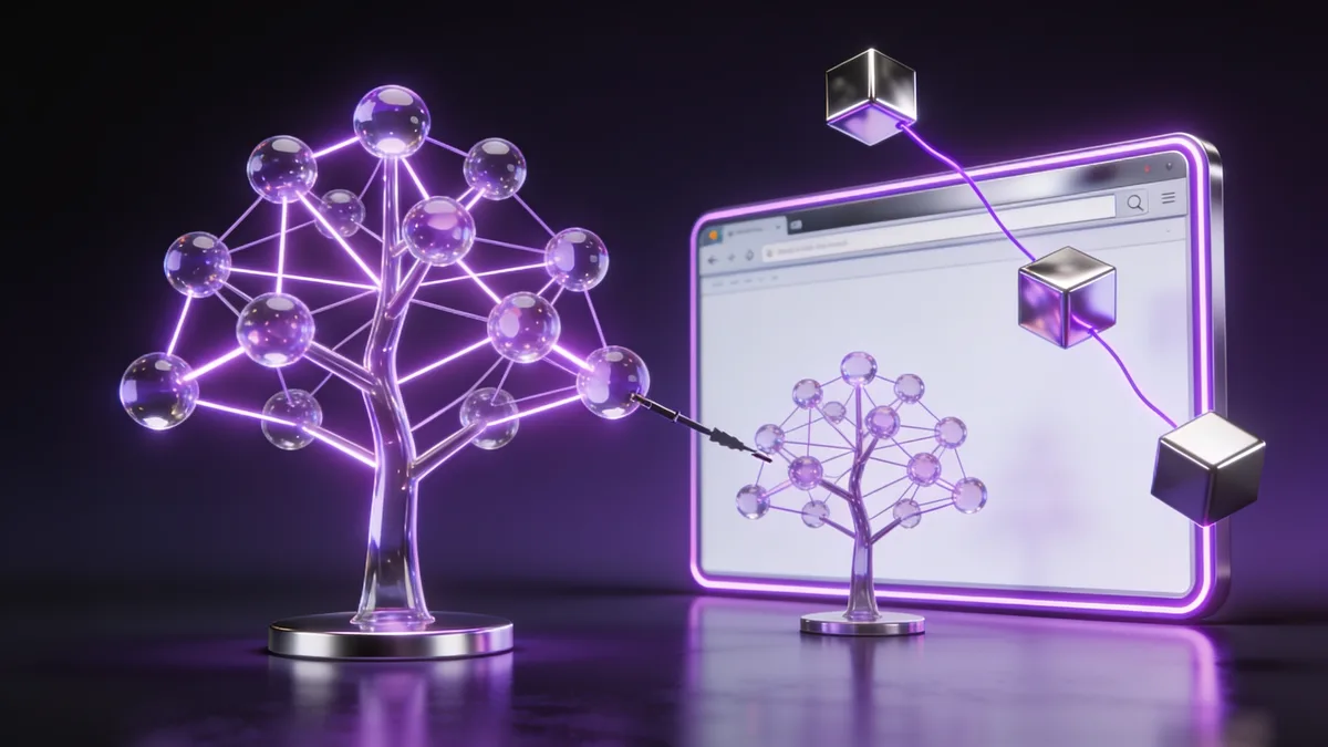 3D illustration of a glowing DOM node tree of glass spheres being pruned to a smaller tree beside a