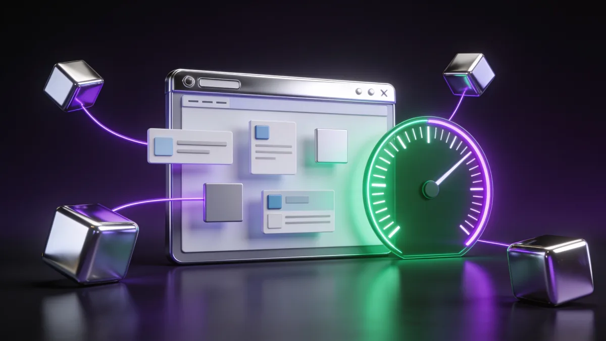 3D illustration of an Elementor builder canvas with floating content blocks beside a green speed