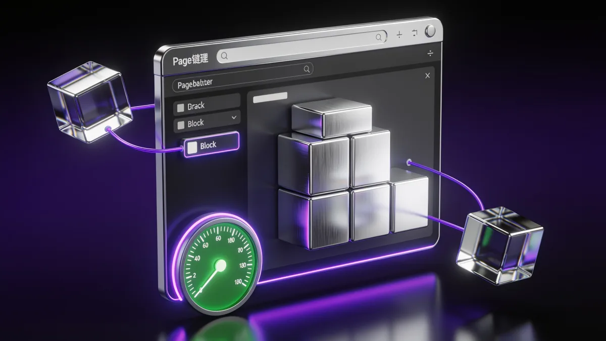 3D illustration of an Elementor page-builder block stack on a browser being lightened with a green
