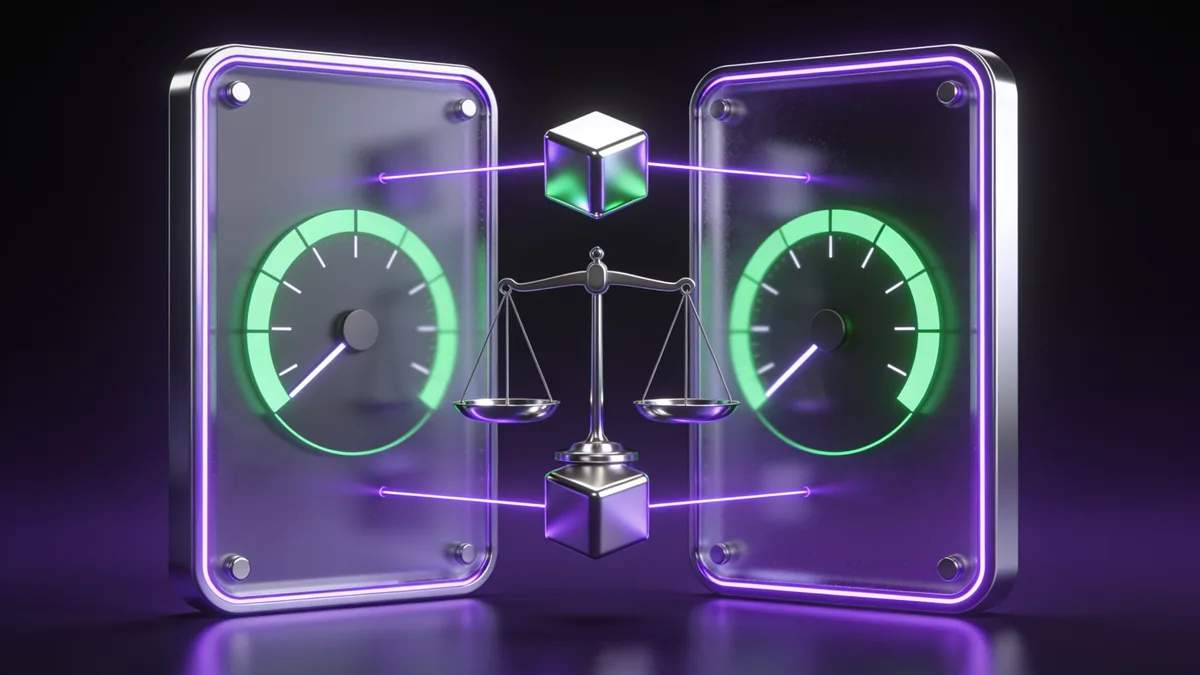 3D illustration of two speed-testing dashboard panels compared side by side with green gauges and a