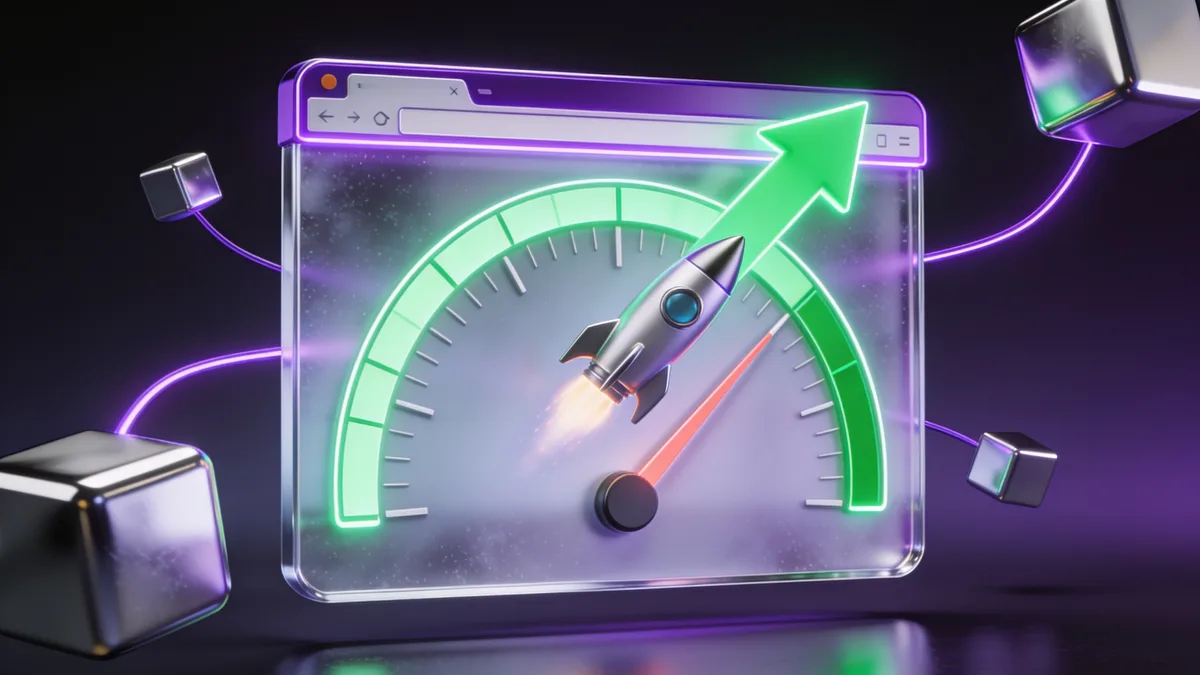 3D illustration of a browser window with a glowing green speed arrow and a rocket boosting out of