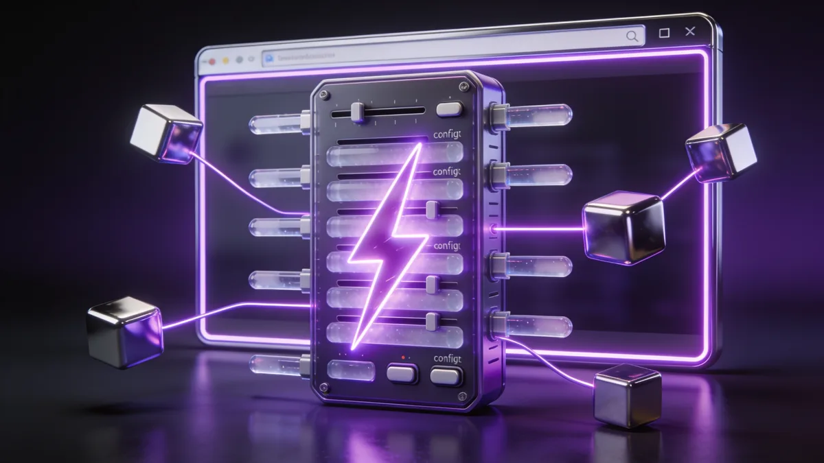 3D illustration of a purple lightning-bolt cache module surrounded by glass config sliders and