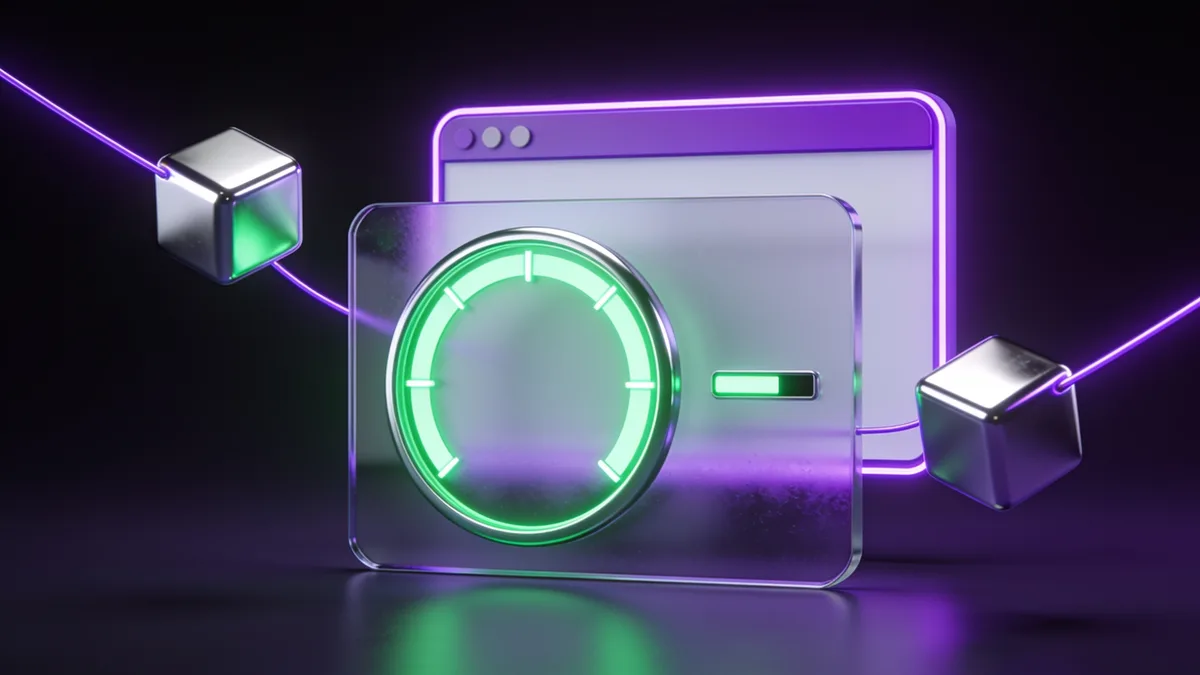 3D illustration of a PageSpeed performance dashboard with a large green circular score gauge and