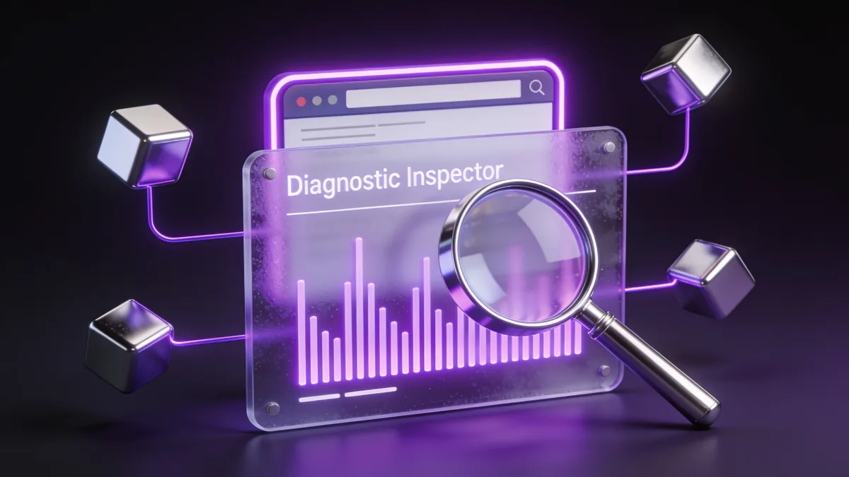 3D illustration of a diagnostic inspector panel showing purple database query waveform bars