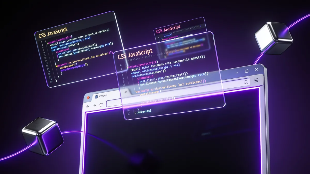 3D illustration of glowing CSS and JavaScript code-block panels being lifted away from a browser