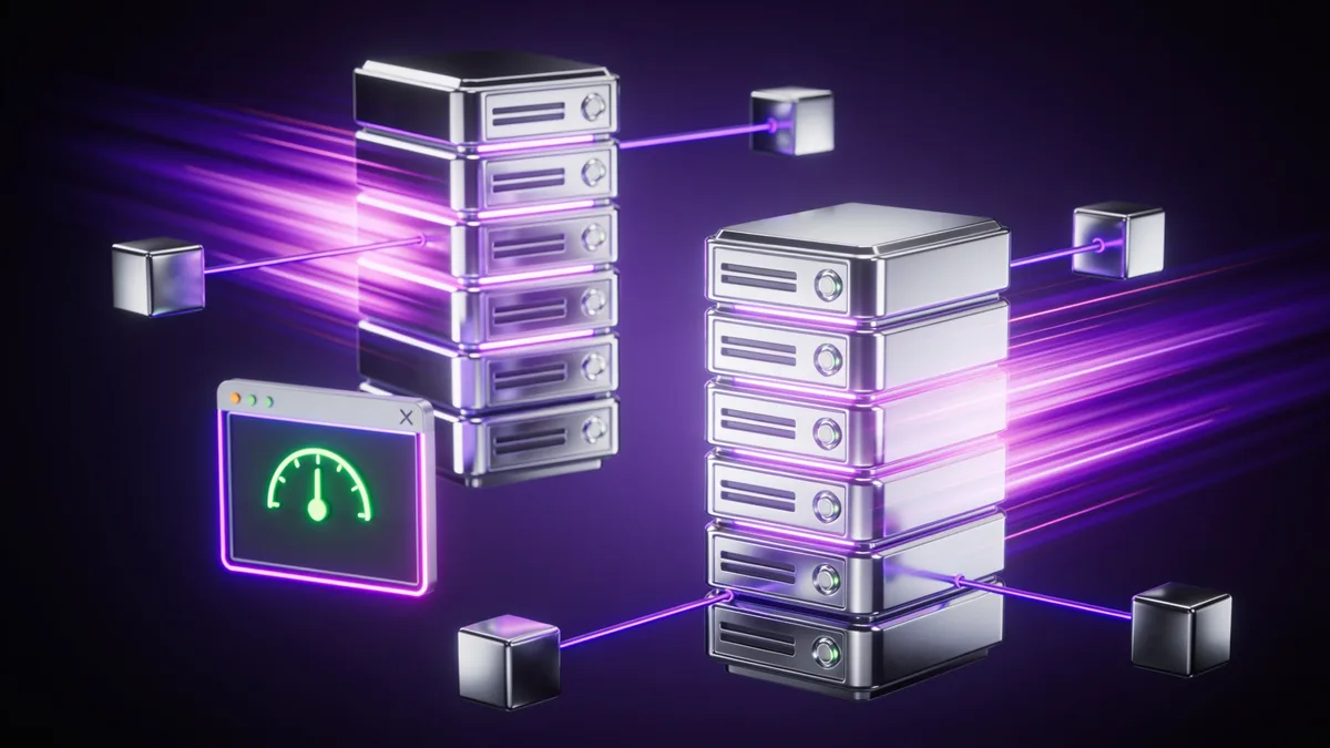 3D illustration of two server racks where a faster one is boosted with a purple speed aura