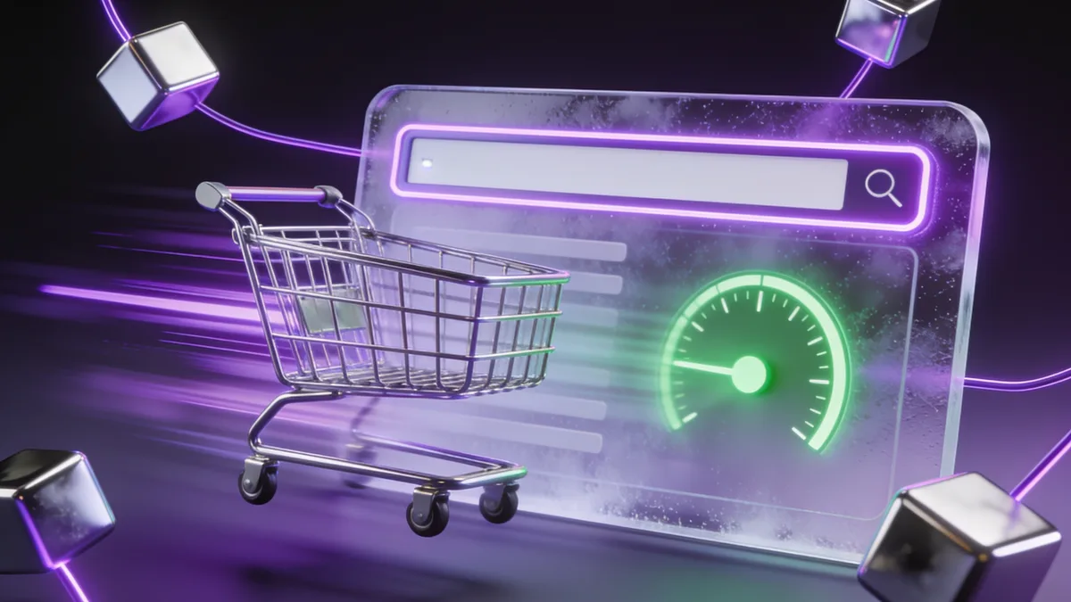 3D illustration of a shopping cart speeding through a checkout form with purple motion lines and a