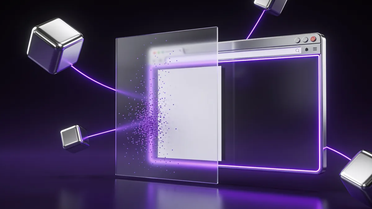 3D illustration of a glass stylesheet panel with greyed unused portions dissolving into purple