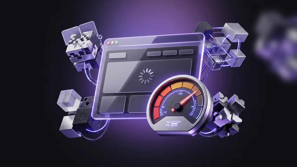 3D illustration of a slow WordPress site with a speedometer in the red zone and heavy plugins and