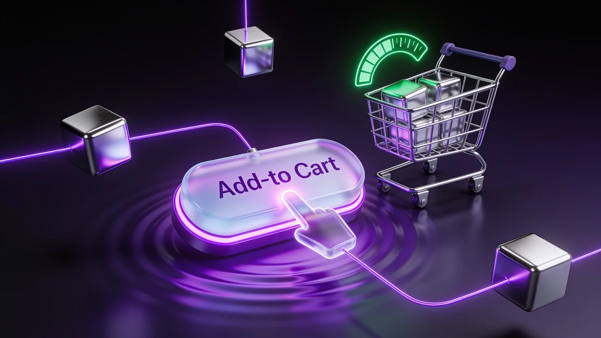 3D illustration of an add-to-cart button pressed with a fast purple ripple as a shopping cart fills