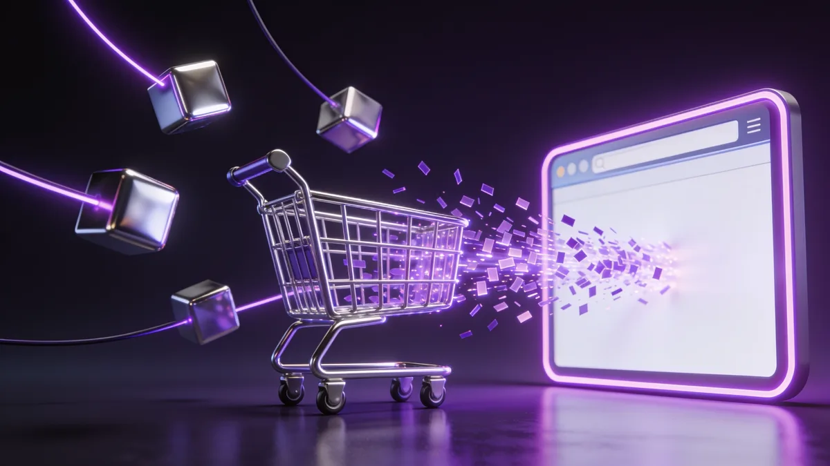 3D illustration of a shopping cart emitting scattered purple data fragment particles being
