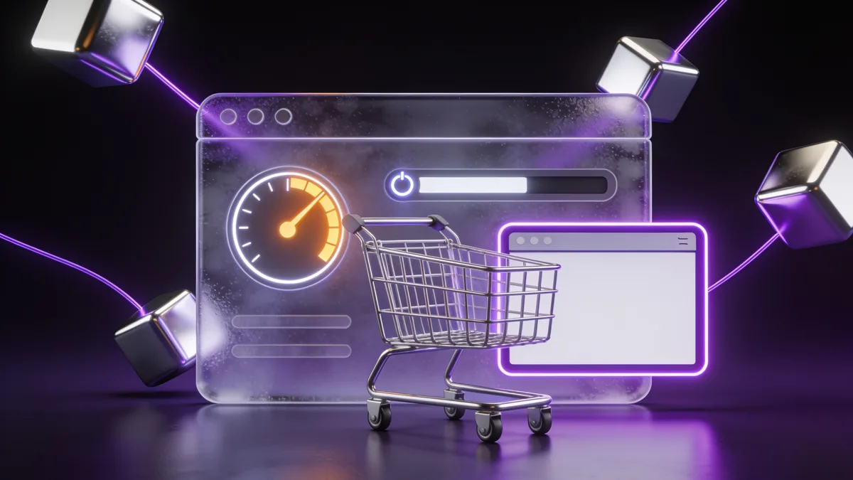 3D illustration of a shopping cart at a checkout form with a slow loading spinner and an amber
