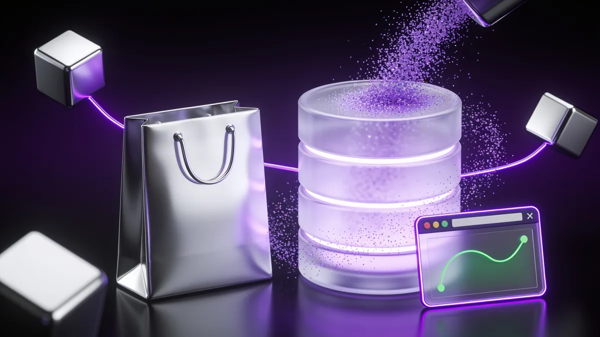 3D illustration of a shopping bag and a database cylinder being cleaned with purple sparkles beside
