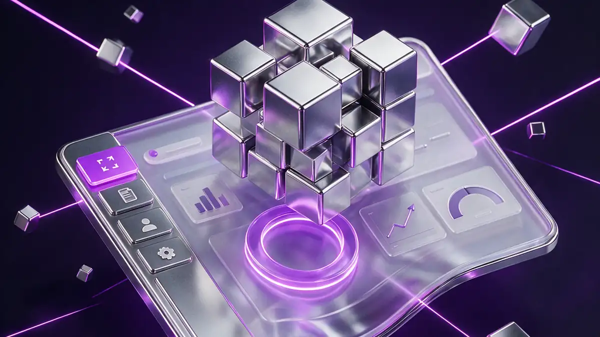 3D illustration of a glass WordPress admin panel bending under a stack of heavy chrome cubes, with a glowing purple loading spinner