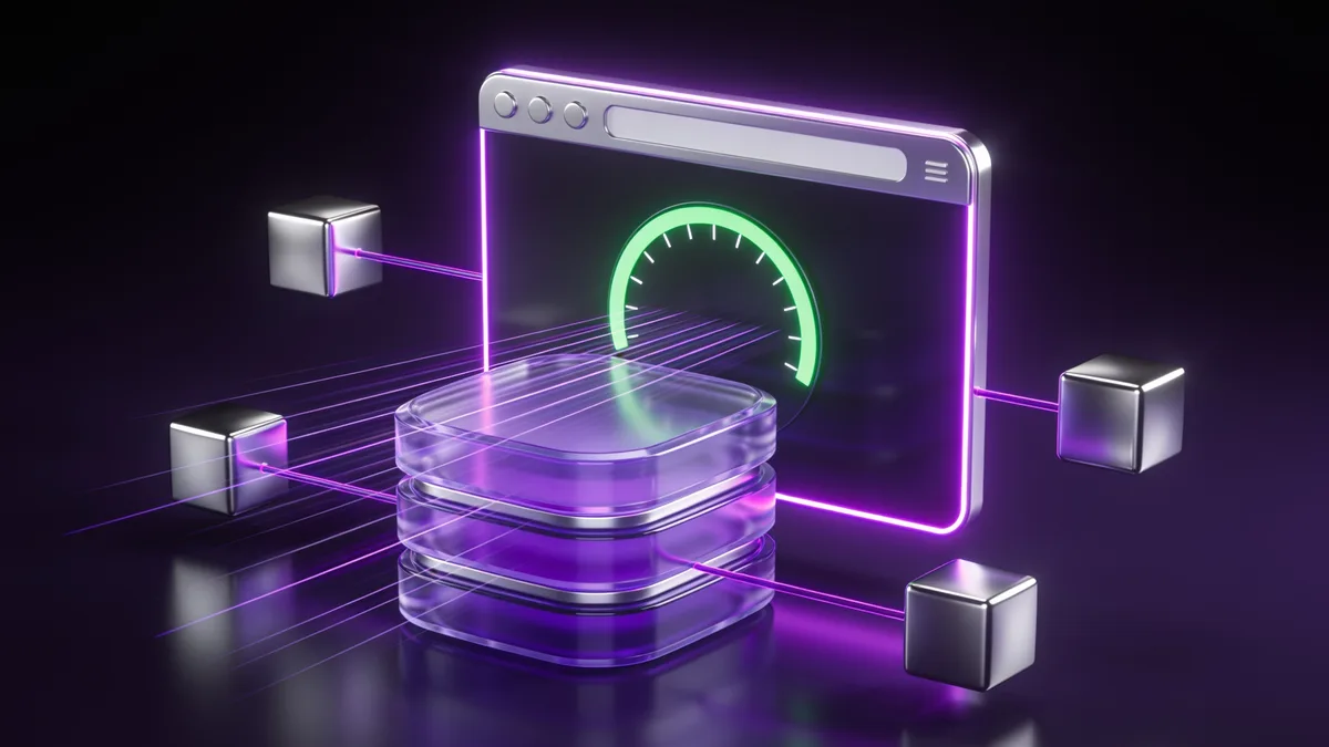 3D illustration of stacked translucent purple cache layers accelerating content into a browser