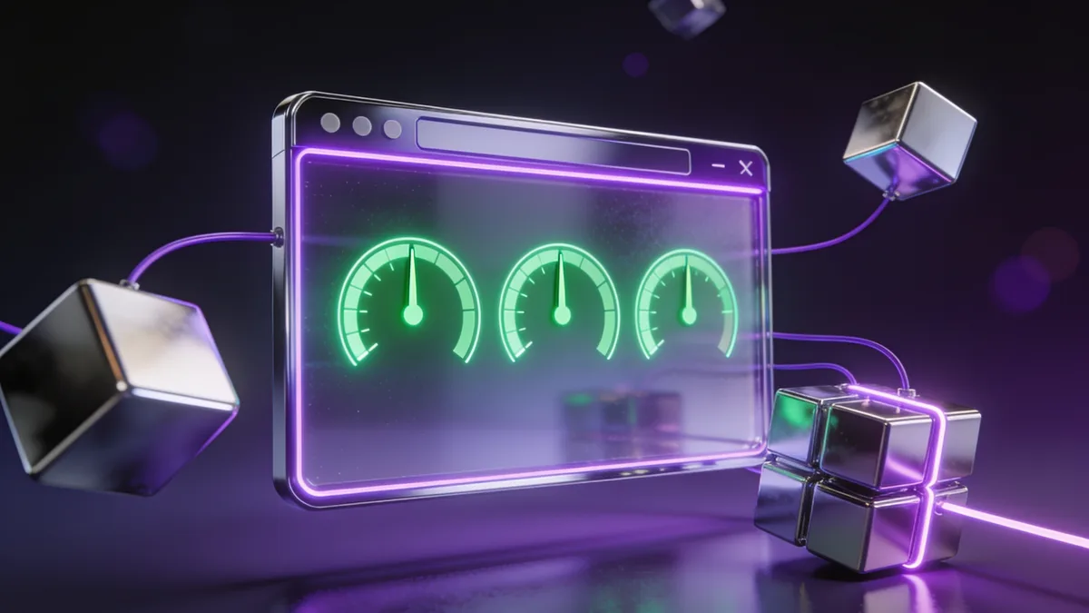 3D illustration of a chrome browser window showing three green Core Web Vitals speedometer gauges