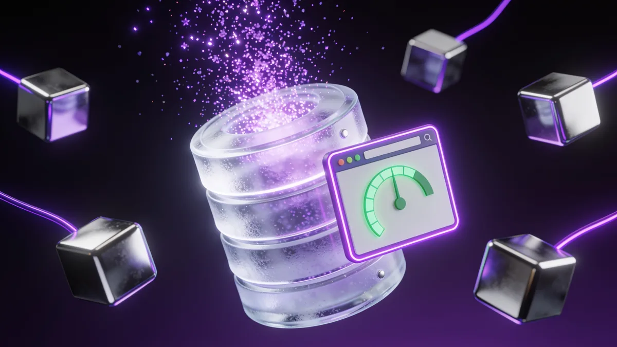 3D illustration of a database cylinder being cleaned and compacted with purple sparkles removing