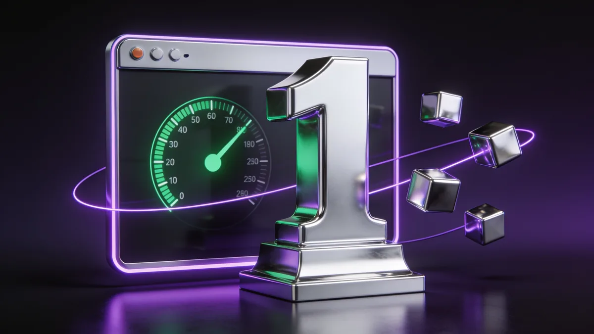 3D illustration of a polished chrome capital-letter glyph sculpture beside a browser with a green
