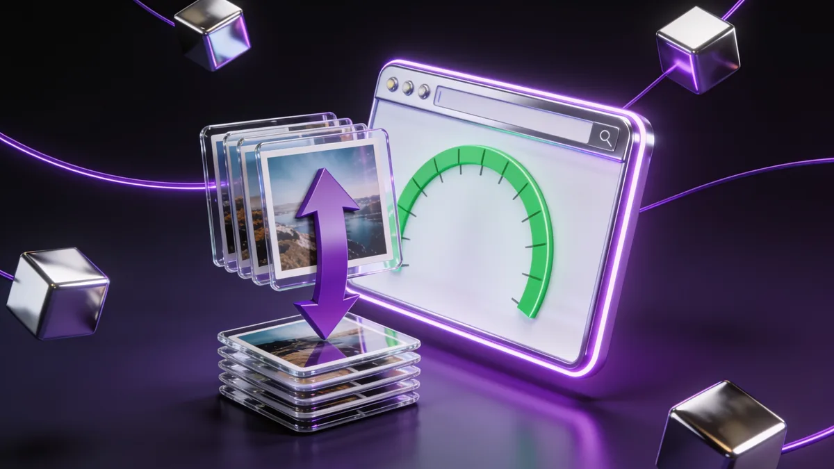3D illustration of a stack of glossy photo tiles being compressed into a smaller optimized stack