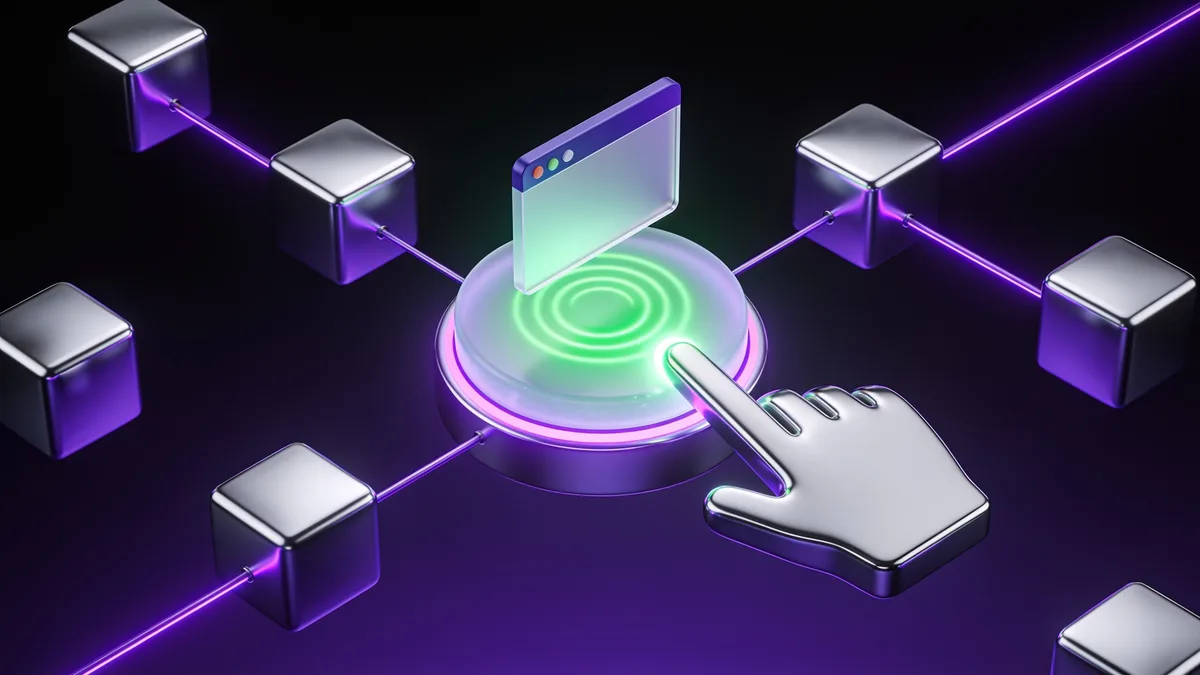 3D illustration of a cursor tapping a button with a green ripple showing fast interaction to next