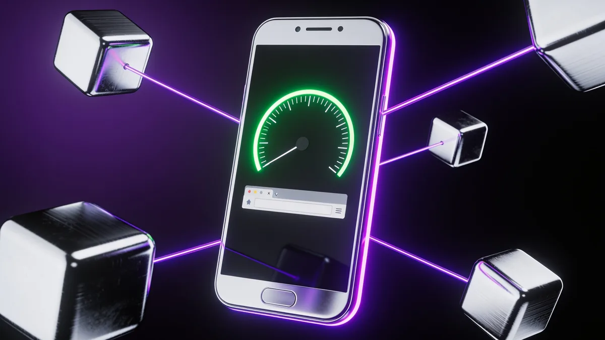 3D illustration of a chrome smartphone showing a green speed gauge for fast mobile WordPress