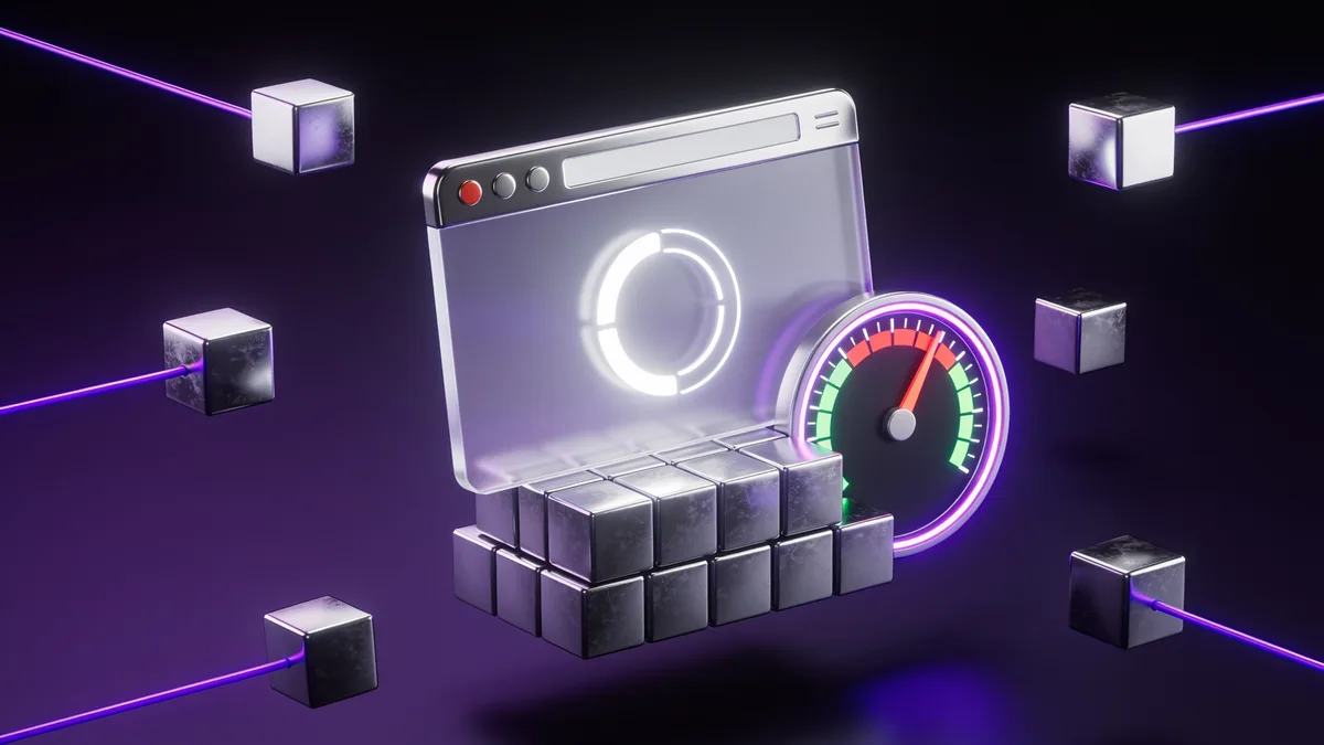 3D illustration of a browser window with a loading spinner weighed down by heavy blocks and a