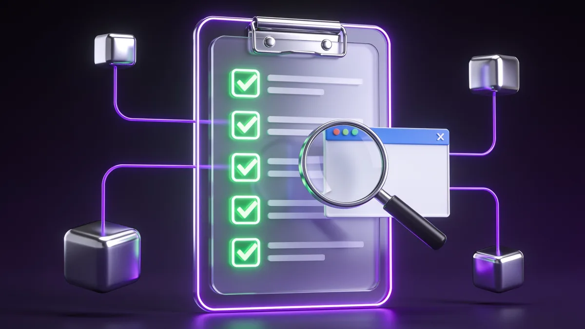 3D illustration of a checklist panel with green check marks and a magnifying glass auditing a