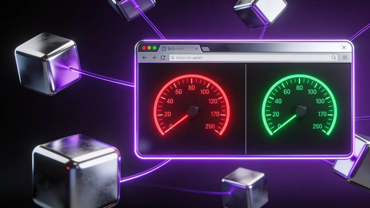 3D illustration of a split-screen browser with a red speed gauge on the left and a green speed