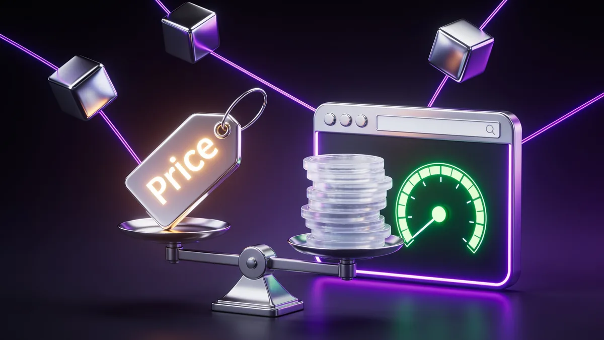 3D illustration of a chrome price tag and stacked coins balanced on a scale beside a browser with a