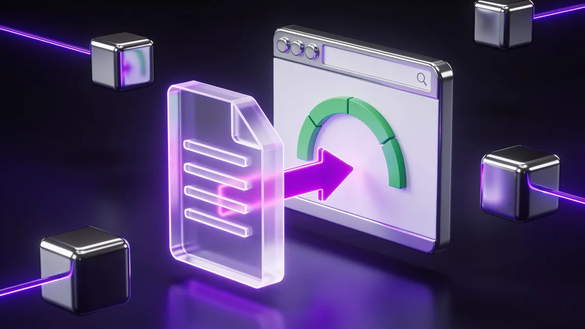 3D illustration of a translucent file being compressed with purple Gzip and Brotli arrows flowing