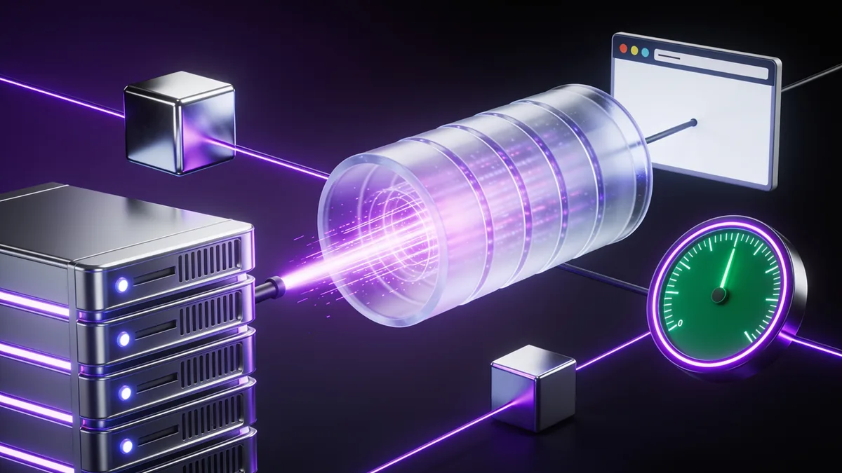 3D illustration of a server rack and database cylinder sending a fast purple data pulse to a