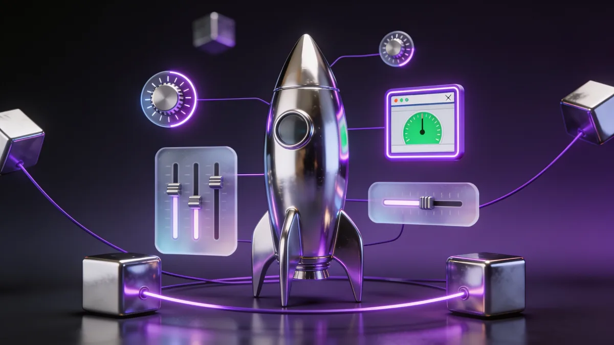 3D illustration of a chrome rocket surrounded by floating config dials and sliders being tuned