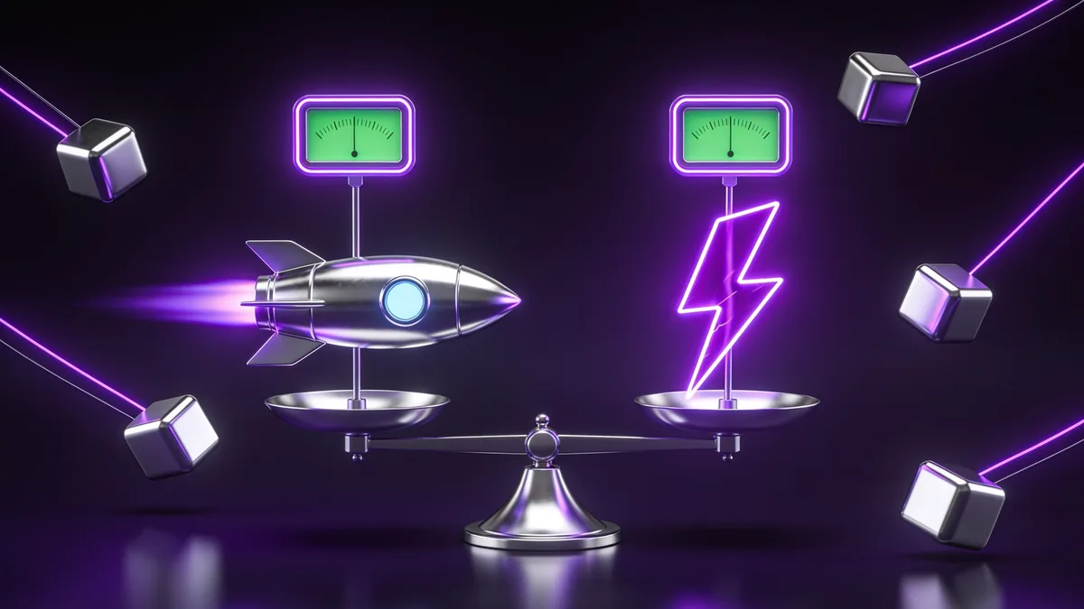 3D illustration of a chrome rocket and a purple lightning bolt facing off on a balance scale above