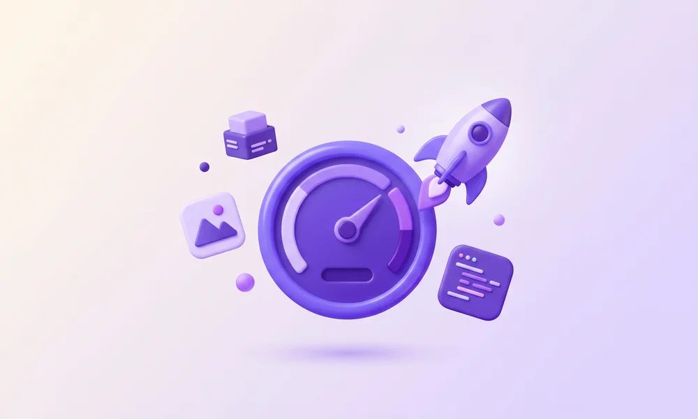3D illustration of a WordPress speed boost with a purple speedometer and rocket