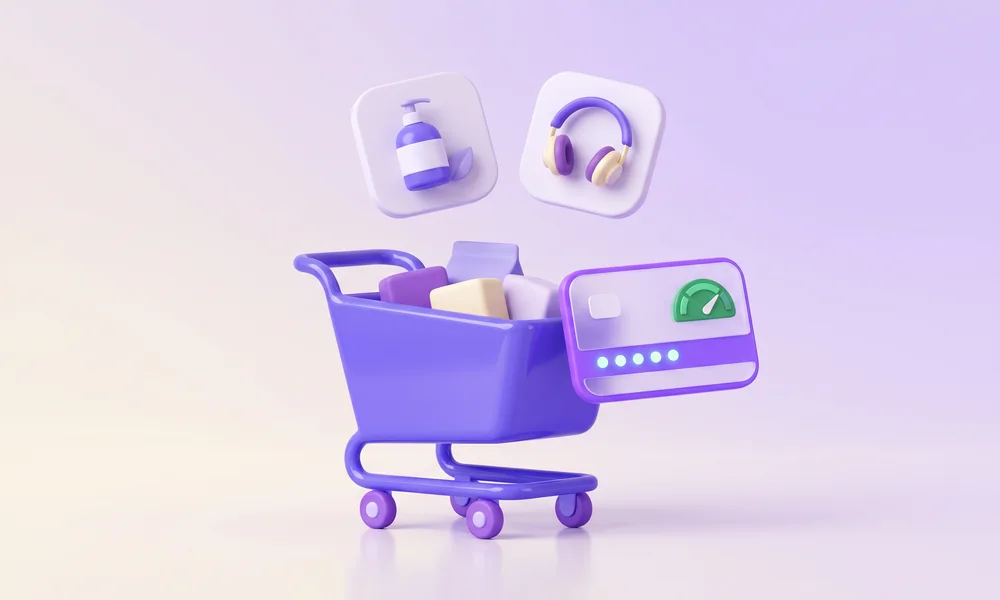 3D illustration of a fast WooCommerce checkout with a shopping cart and speed gauge